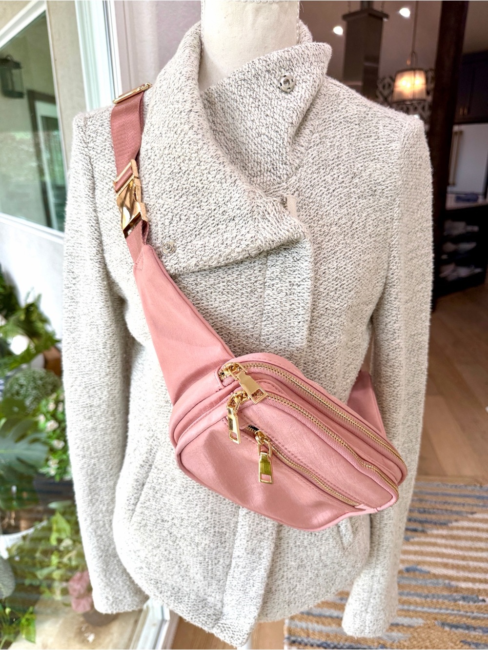 Madison West Rose Pink Crossbody Belt Bag/Sling Bag with Gold Hardware